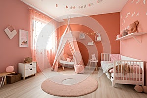 Spacious children room with play tent for girl. Generative AI