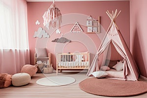 Spacious children room with play tent for girl. Generative AI