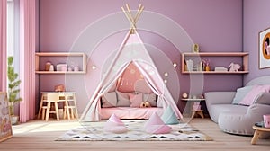Spacious children room with play tent for girl. generative ai