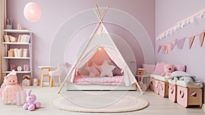 Spacious children room with play tent for girl. generative ai