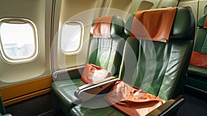Spacious and comfortable business class seats in the empty cabin of a commercial aircraft