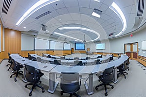 A spacious conference room filled with numerous tables and chairs, providing ample space for meetings and presentations, A