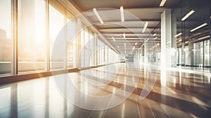 A spacious corridor in a modern office building, a bright empty space with large windows