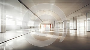 A spacious corridor in a modern office building, a bright empty space with large windows