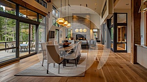 A spacious dining room is made cozier with the addition of a minimalist fire orb providing a comforting atmosphere for