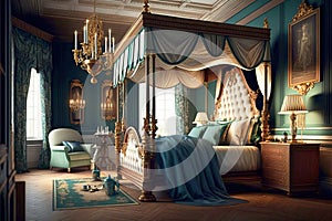 A spacious and elegant bedroom with a four-poster bed. Generative Ai