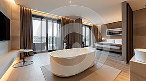 Spacious and elegant hotel room featuring a freestanding bathtub with panoramic city views through floor-to-ceiling