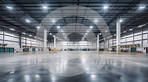 Spacious, empty and clean warehouse interior in logistic center. Concept of organized storage, logistics efficiency, and