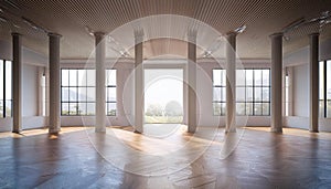 Spacious empty interior with columns and windows. 3D Rendering