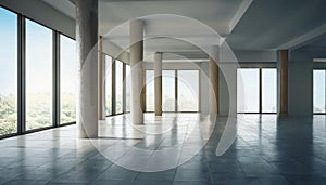 Spacious empty interior with columns and windows. 3D Rendering