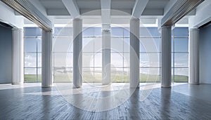 Spacious empty interior with columns and windows. 3D Rendering