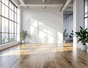 Spacious empty loft interior with abundant natural light and wooden flooring office space