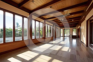 Spacious empty room with large windows, wooden floors, and ceiling fan, bathed in natural light