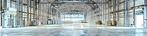 Spacious empty warehouse with high ceilings, reflective floors and organized pallets