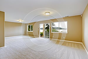 Spacious family room with clean carpet floor and exit to walkout