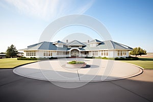 spacious flatroofed mansion with circular driveway