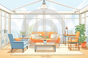 spacious glass-enclosed sunroom with comfortable seating, magazine style illustration