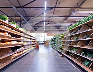 A Spacious Grocery Store with Fully Stocked Shelves in a Blurry Interior. Concept Supermarket