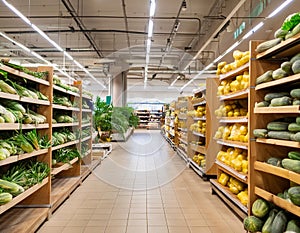 A Spacious Grocery Store with Fully Stocked Shelves in a Blurry Interior. Concept Supermarket