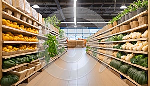 A Spacious Grocery Store with Fully Stocked Shelves in a Blurry Interior. Concept Supermarket