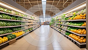 A Spacious Grocery Store with Fully Stocked Shelves in a Blurry Interior. Concept Supermarket