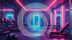 A spacious gym filled with a variety of machines and exercise equipment, ready to support diverse workout routines, Gym with neon