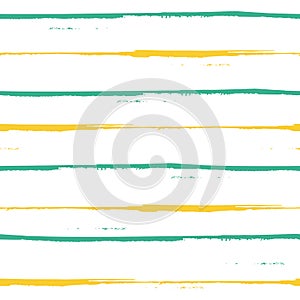 Spacious hand painted blue and yellow grunge stripes design. Seamless geometric vector pattern on fresh white background