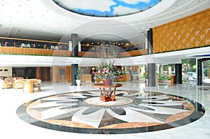 The spacious hotel lobby