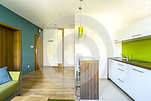 Spacious hotel room with kitchenette