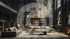 Spacious industrial interior design with high ceillings and dark colors. living room with sofa, fireplace and dining table