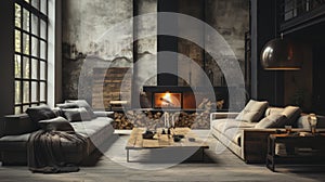 Spacious industrial interior design with high ceillings and dark colors. living room with sofa, fireplace and dining table