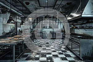 Spacious Industrial Kitchen With Checkered Floor for Efficient Food Production, A grungy, industrial style empty restaurant