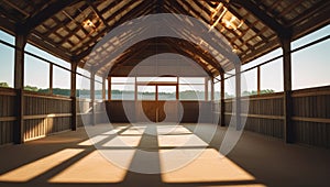 Interior shot of a rustic wooden barn with sunlight casting long shadows