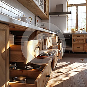 Spacious kitchen, all drawers open revealing emptiness, morning light, close-up, realistic style photo