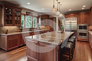 Spacious kitchen in a classic style, natural wood facades, gray stone worktops. Kitchen island with bar stools.