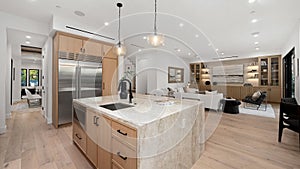 Spacious kitchen with wooden floors and white walls