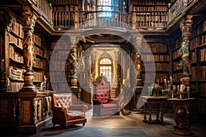 A spacious library filled with numerous bookshelves and comfortable chairs, inviting readers to explore and relax, An old,