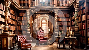 A spacious library filled with numerous bookshelves and comfortable chairs, inviting readers to explore and relax, An old,