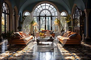 A spacious living room adorned with elegant furniture and decor in Moroccan style, large windows, and lush greenery visible