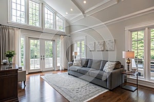 Spacious living room with gray sofa photo