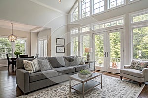 Spacious living room with gray sofa photo