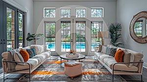 Spacious Living Room With Furniture and Pool