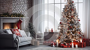 Spacious living room with a large Christmas tree and a bunch of Christmas gifts.