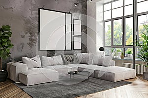 Spacious Living Room With Large Sectional Couch mock-up poster frame. Generative AI