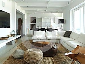 Spacious living room with modern furniture, decor and ottoman