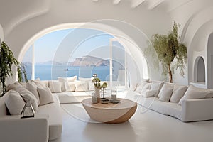 Spacious Living Room With White Furniture and Large Window, Interior of a modern, minimalist house decorated with summery