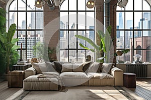 Spacious loft living room with high ceilings a large windows