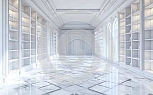 A spacious and luminous closet space is depicted with bare shelves in a 3D illustration