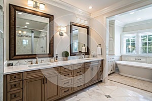 Master bathroom with double vanity and large mirror