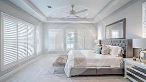 Spacious Master Bedroom with Elegant Grey Upholstered Bed and Natural Light photo